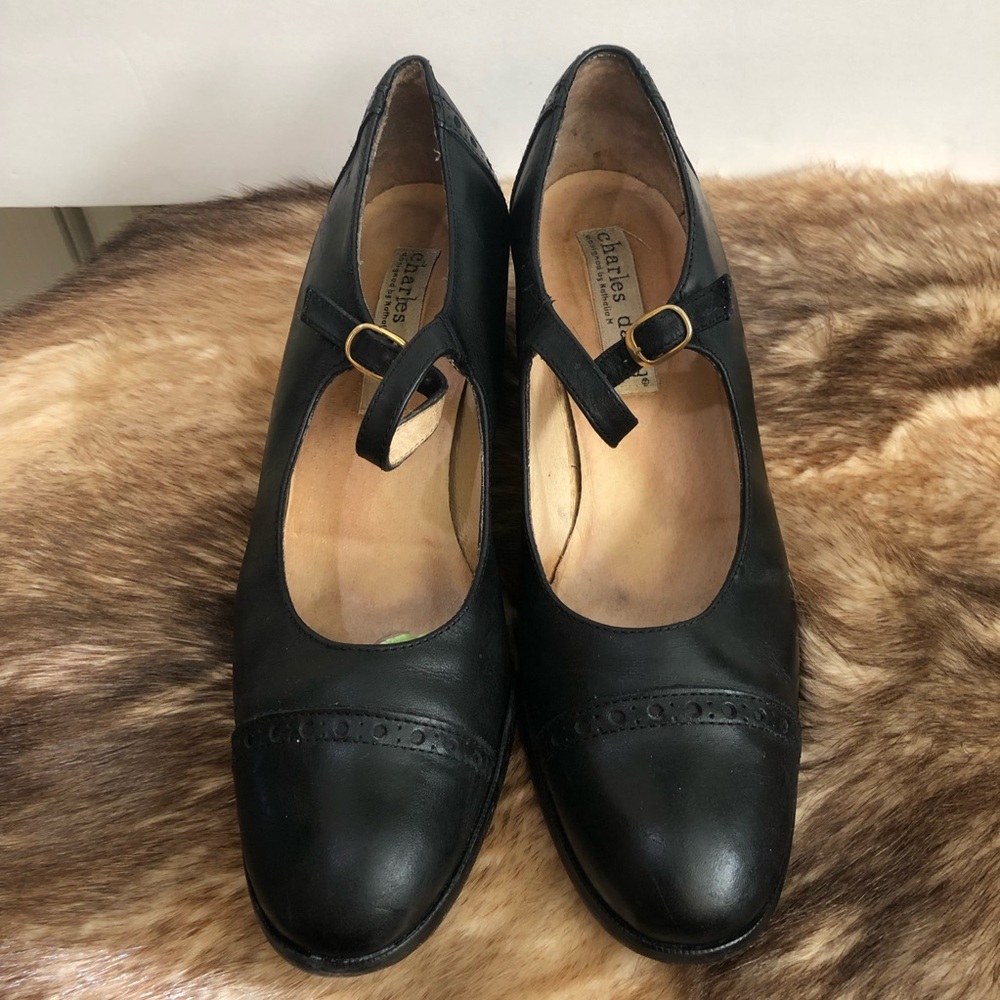 Vintage Charles David Wingtip Mary Jane Black Shoes Size 7.5 Made In Spain